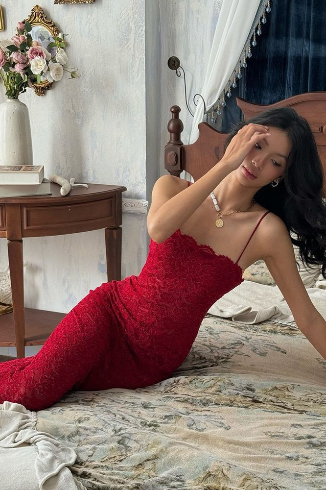 Lace Square Neck Spaghetti Strap Bodycon Maxi Dress - View 8