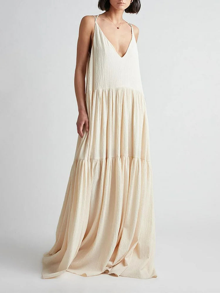 Spaghetti Strap Deep V-Neck Crinkle Tiered Maxi Summer Dress