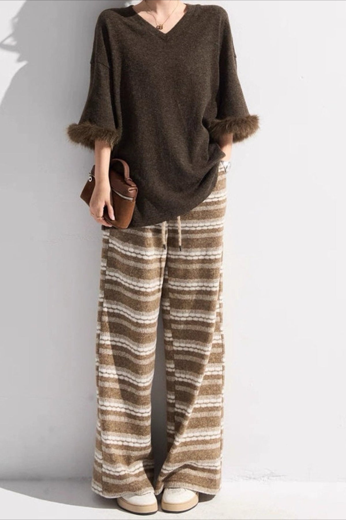 Relaxed Fair Isle Fleece Wide Leg Knit Pants