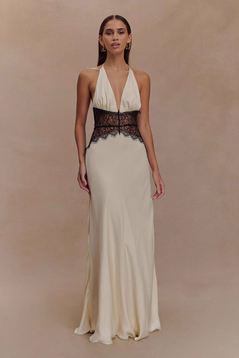Satin Halter Neck Deep V-Neck Lace Trim Slip Maxi Dress