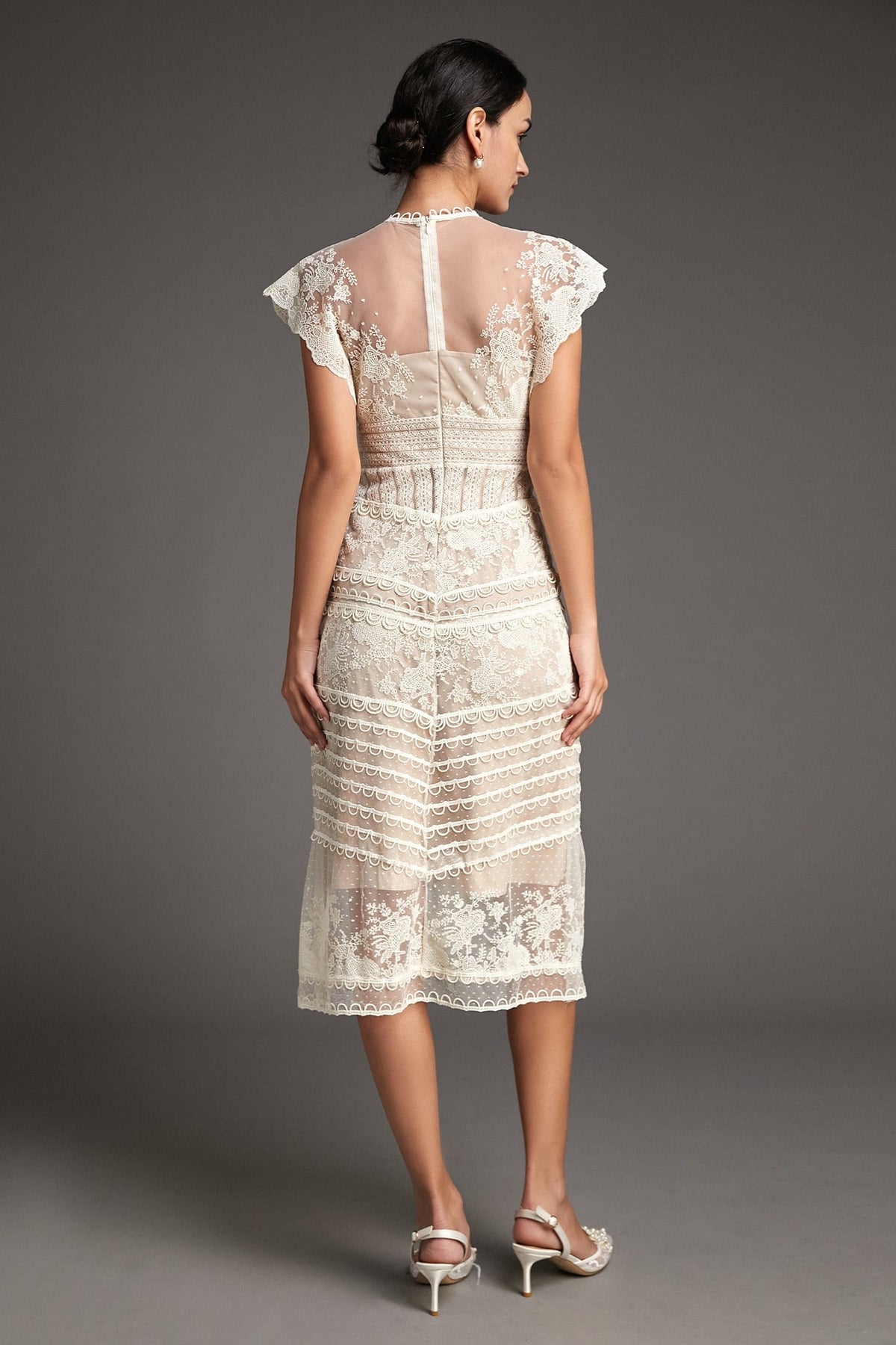 Floral Embroidered Mesh Cap Sleeve Midi Dress - View 4