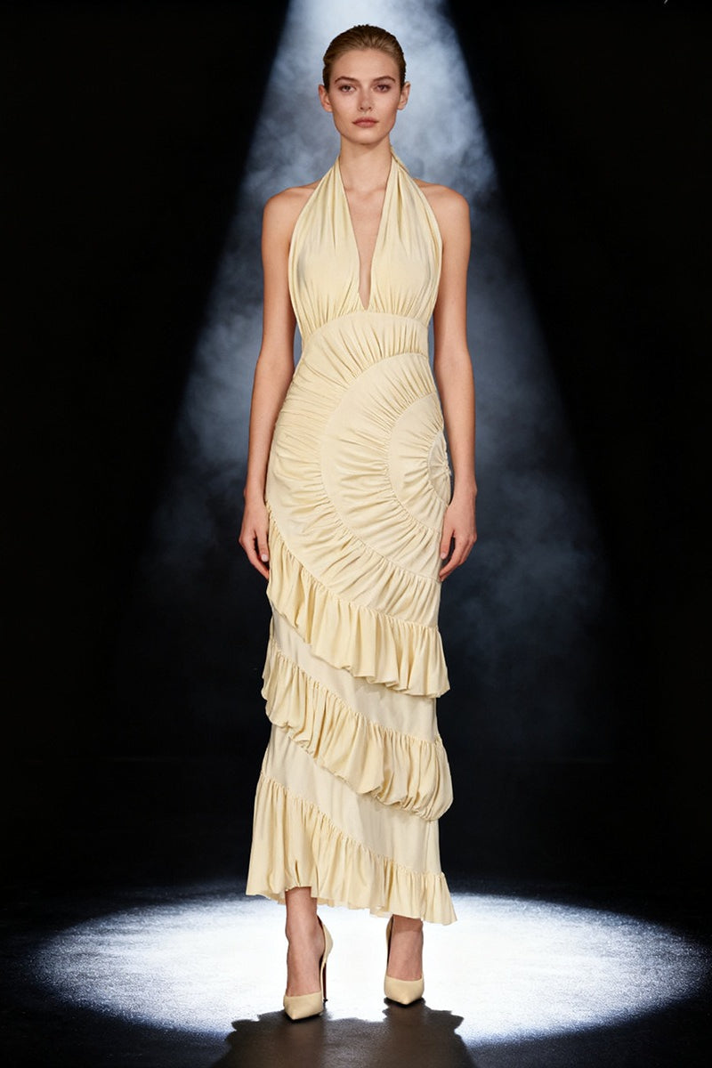 Halter Deep V-Neck Ruched Ruffle Tiered Mermaid Maxi Dress 2