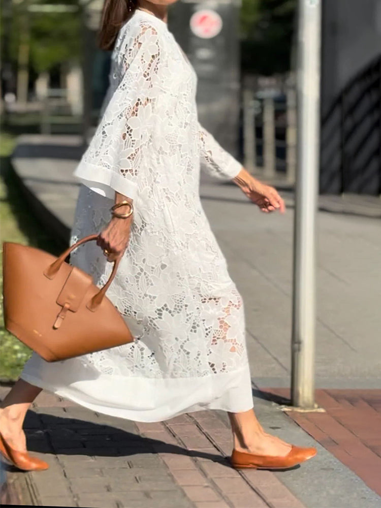 Floral Lace Stand Collar Deep V-Neck Three Quarter Maxi Dress - View 4