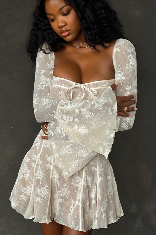 Floral Lace Off Shoulder Corset Tie Front A-Line Mini Dress - View 8