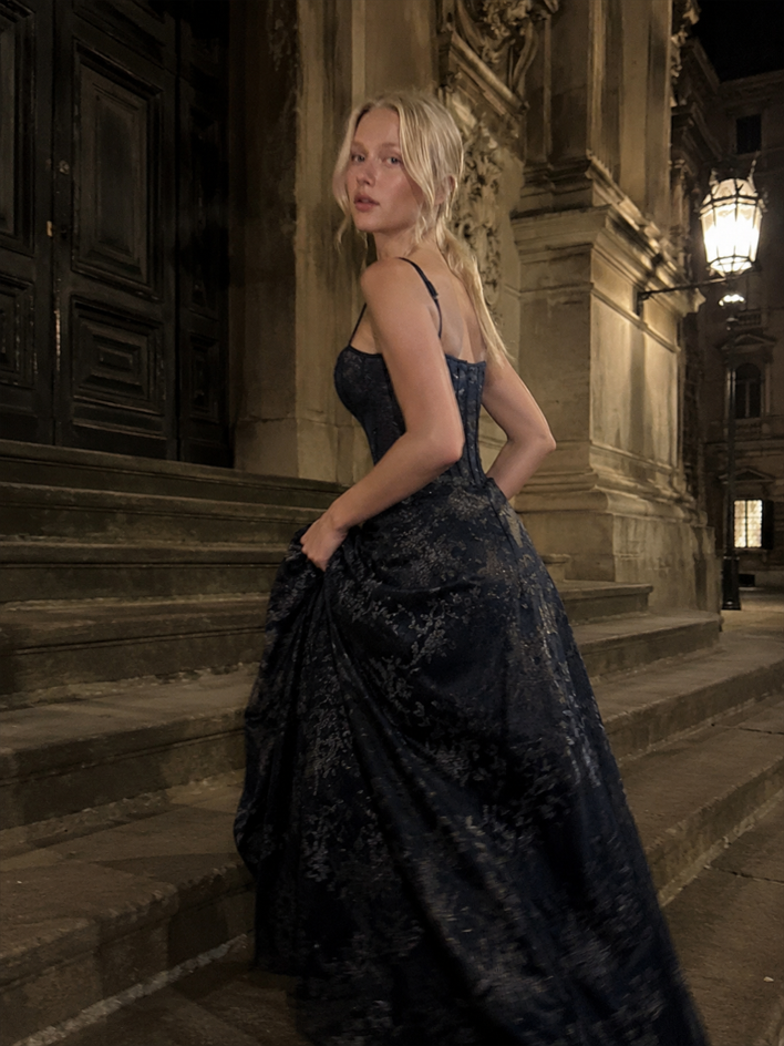 Glitter Jacquard Strappy Corset A-Line Ball Gown