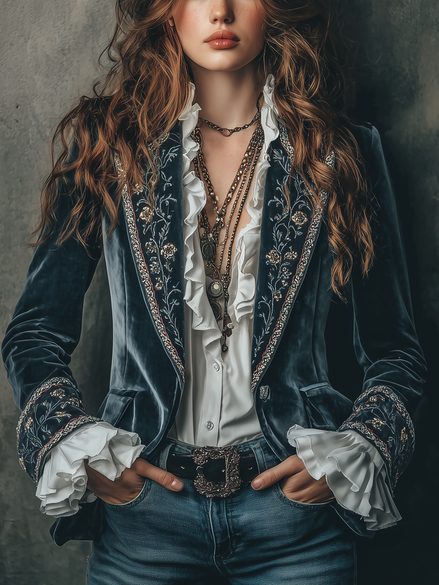 Floral Embroidered Ruffle Cuff Velvet Blazer