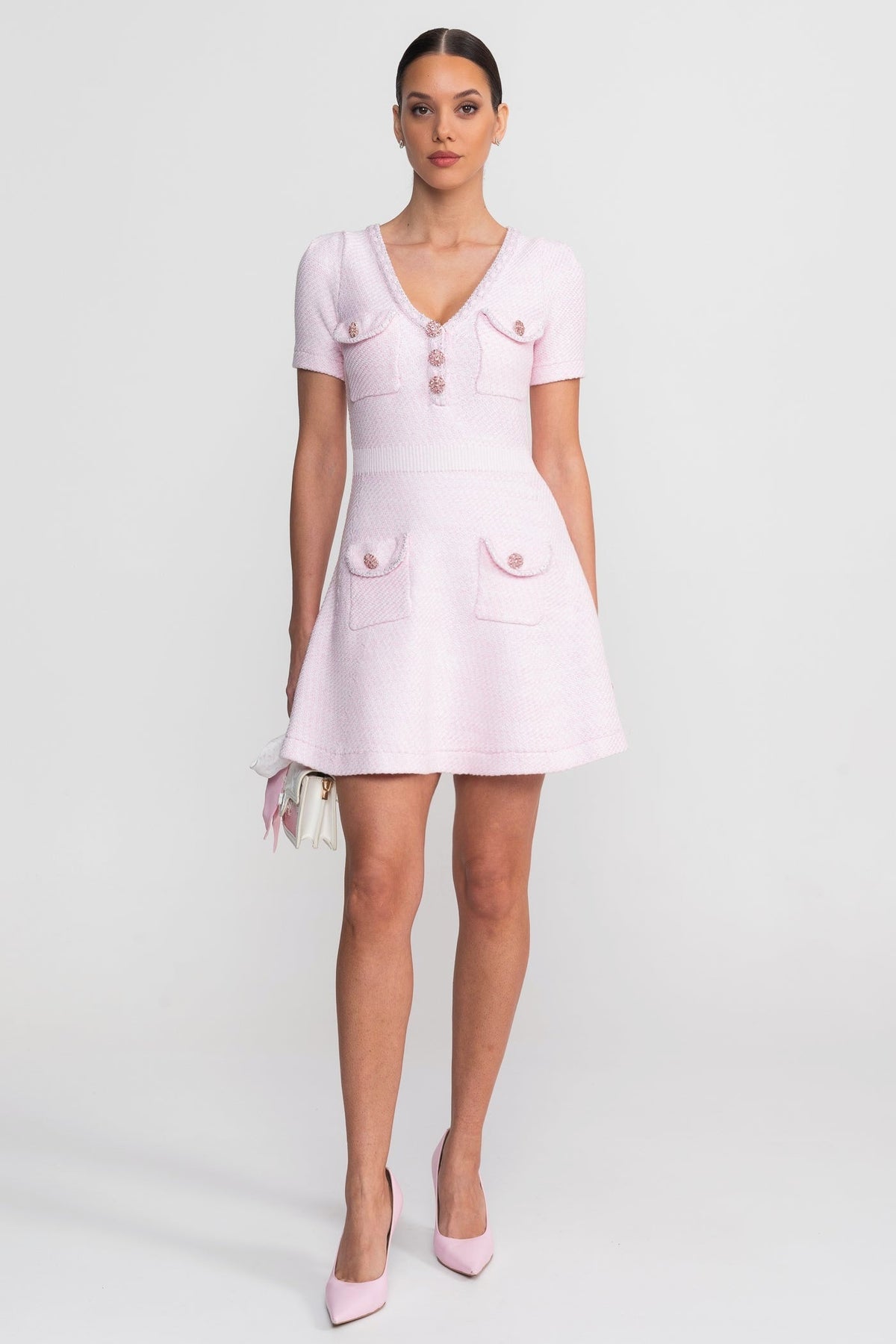 Tweed V-Neck Short Sleeve Jewel Button Patch Pocket A-Line Mini Dress - View 2