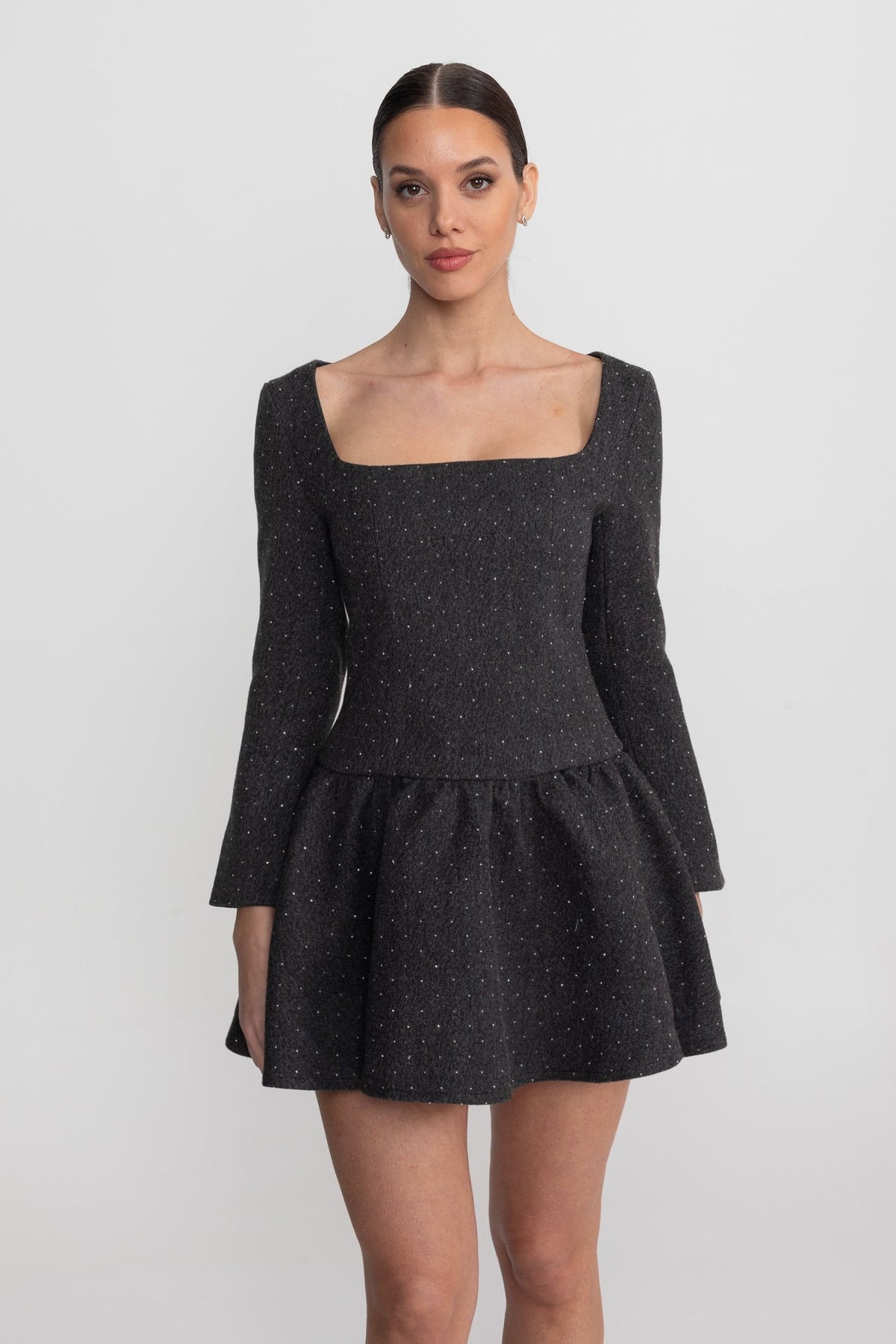 Long Sleeve Mini Dress With Detachable Cape Overlay - Charcoal - View 6