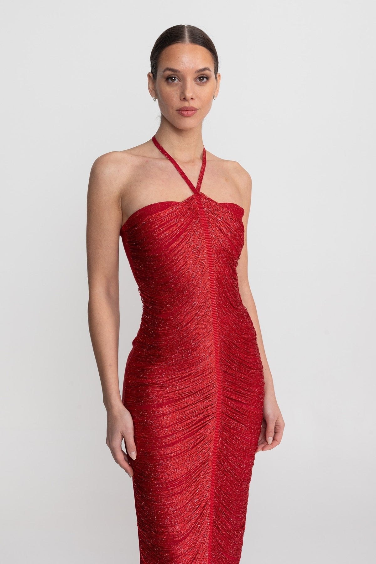 Halter Neck Midi Dress With All-Over Pleated Texture - Red - View 4