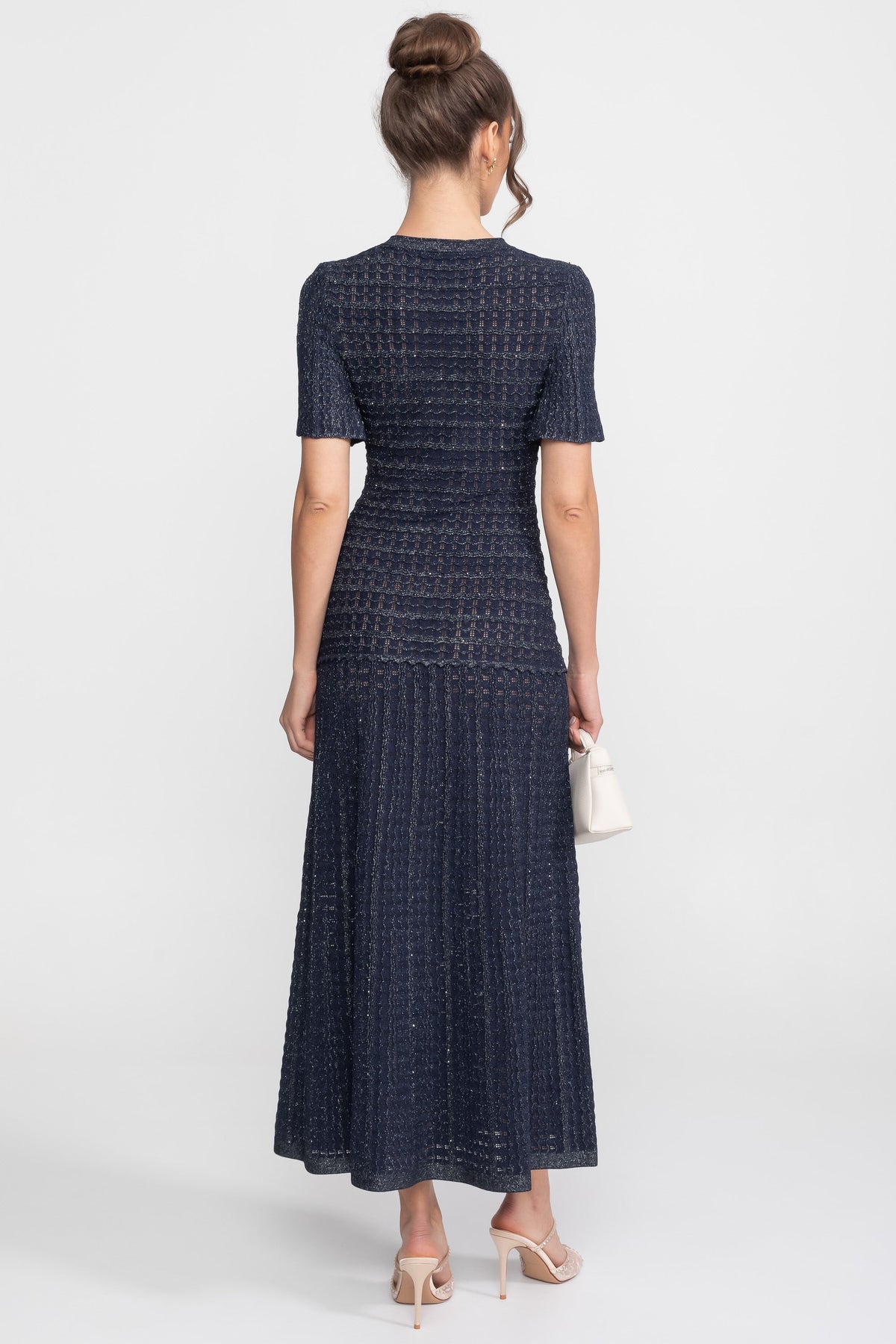 Short Sleeve Midi Dress With Shimmer Knit Texture - Navy - View 5