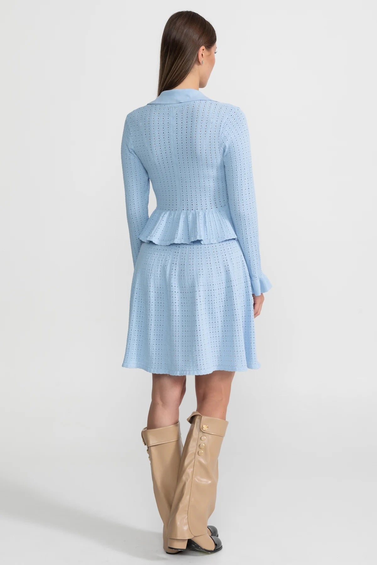 Knit Mini Dress with Peplum Waist and Gold Button Detail - Light Blue - View 5