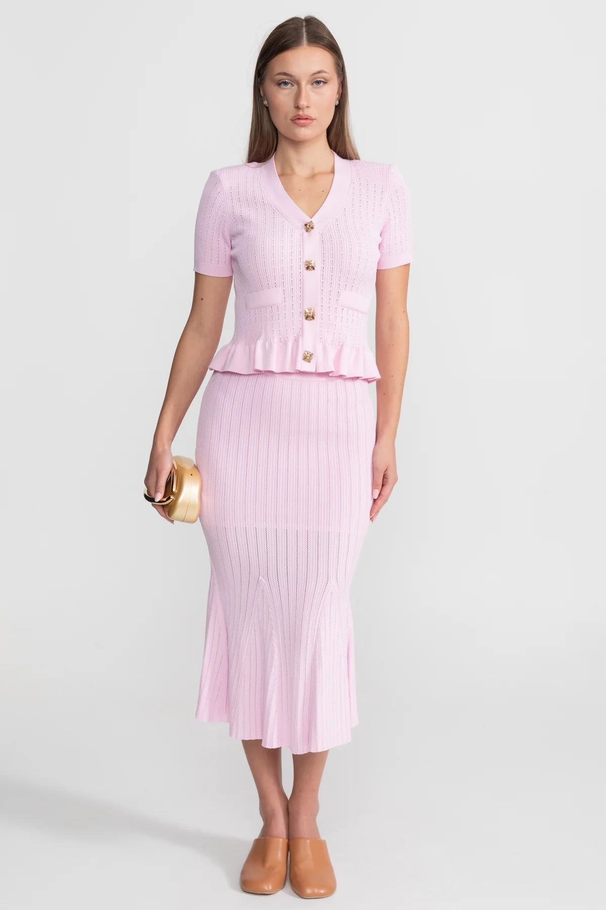 Knit Midi Co-Ord with Peplum Waist and Gold Buttons  – Pink