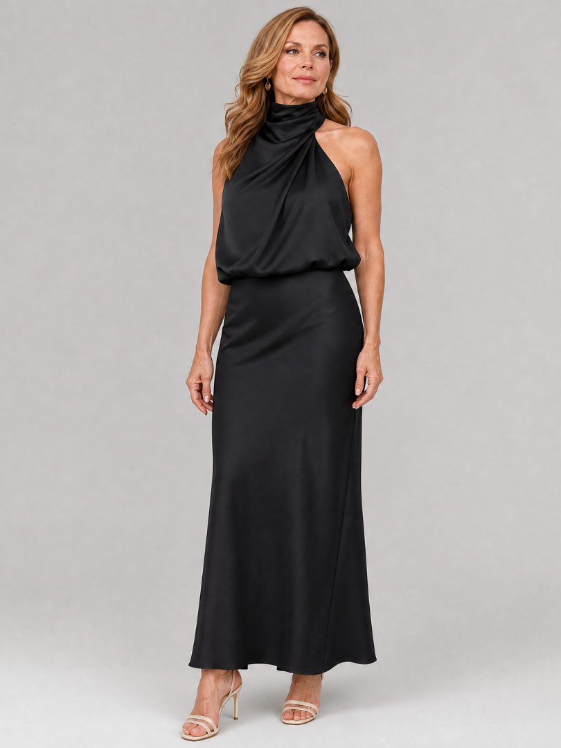 Halter Neck Draped Satin Maxi Gown 6