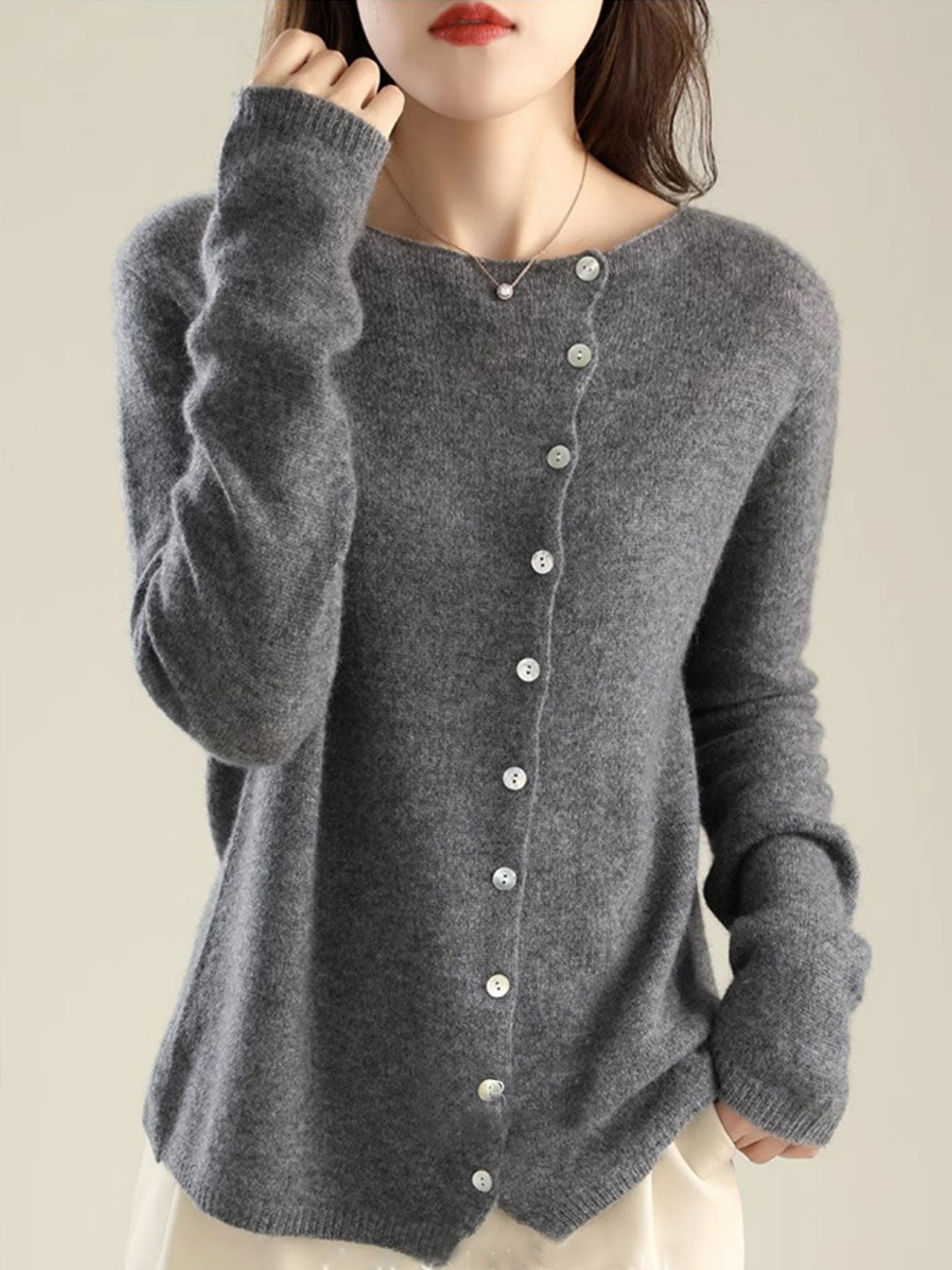 Foldover Collar Button Front Long Sleeve Knit Cardigan 7