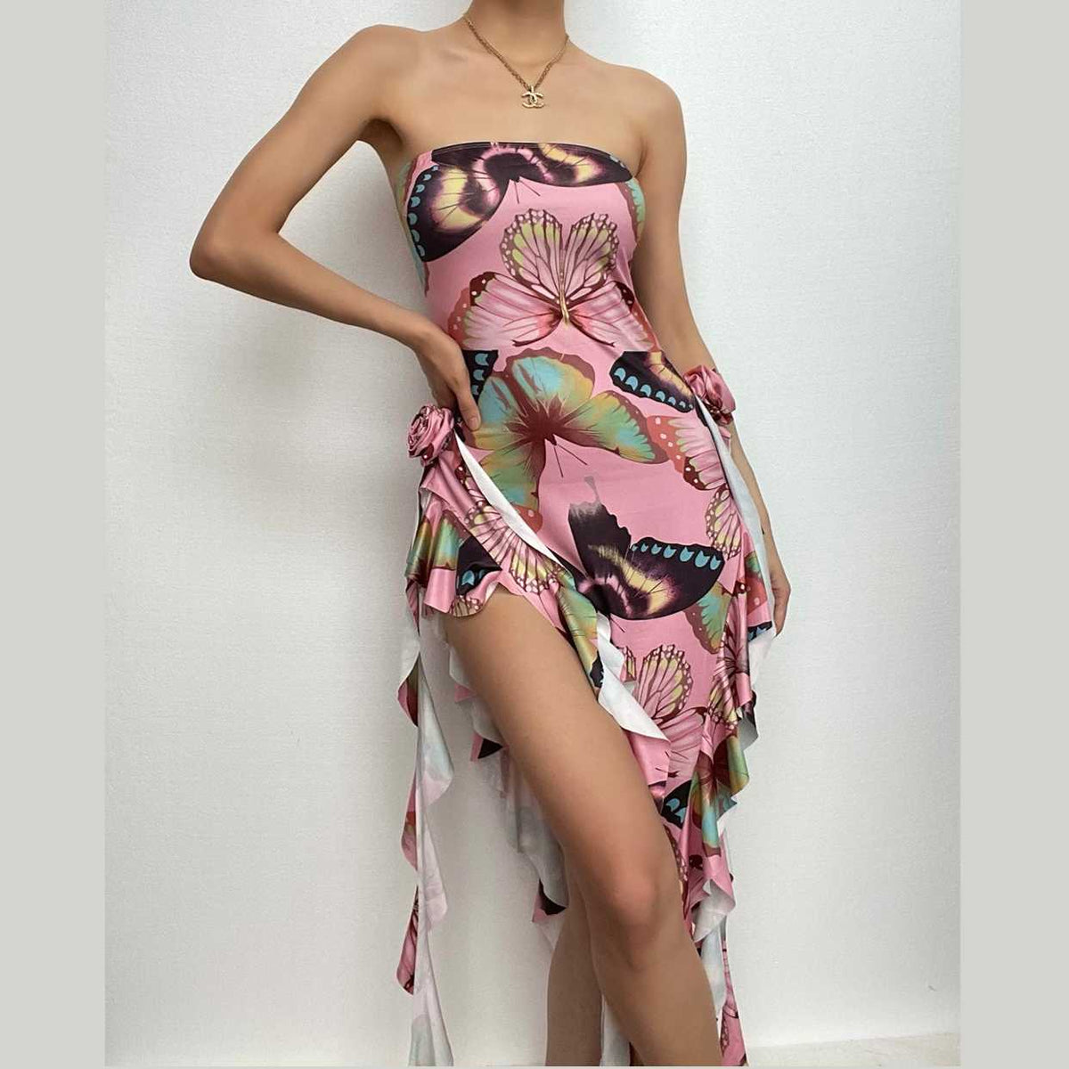Butterfly print ruffle ribbon flower applique contrast maxi dress