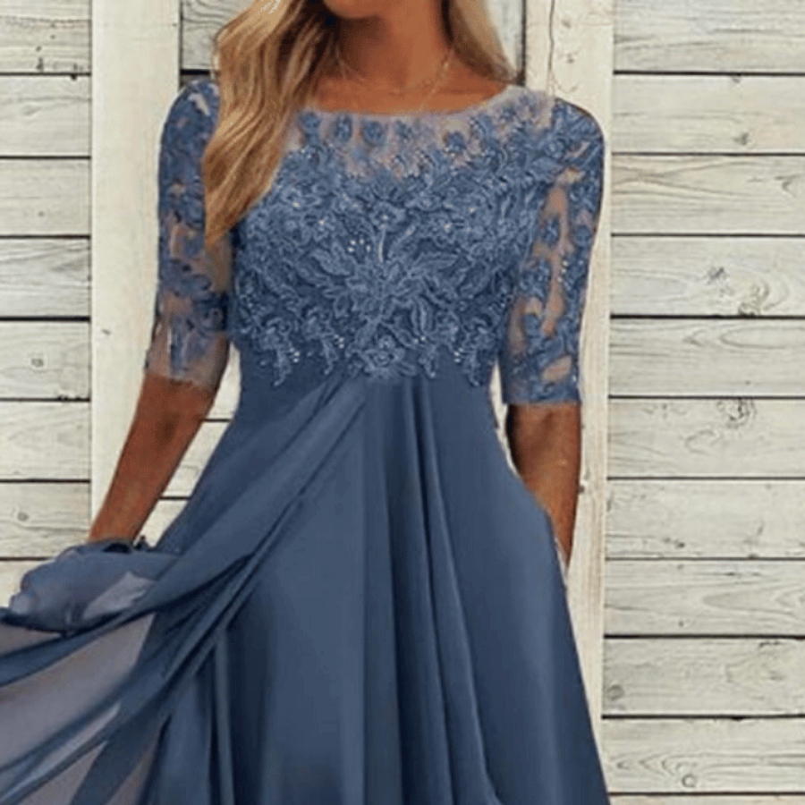 Chiffon Round Neck Half Sleeve Lace A-Line Midi Dress - View 2