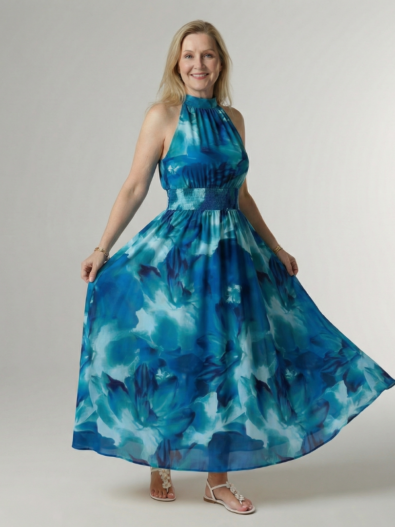 Tie Dye Halter Neck Smocked Waist Maxi Dress 5