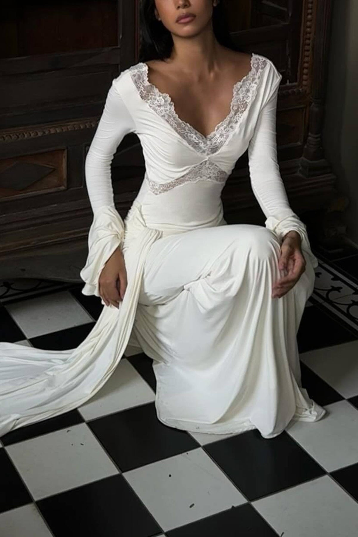 Lace Patchwork Flare Sleeve Tie up Maxi Dress - View 5
