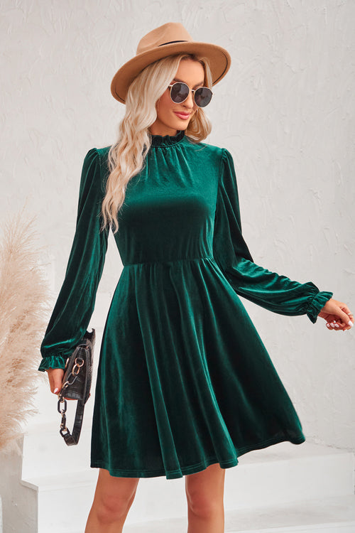 Velvet Mock Neck Long Sleeve Fit and Flare Mini Dress 6