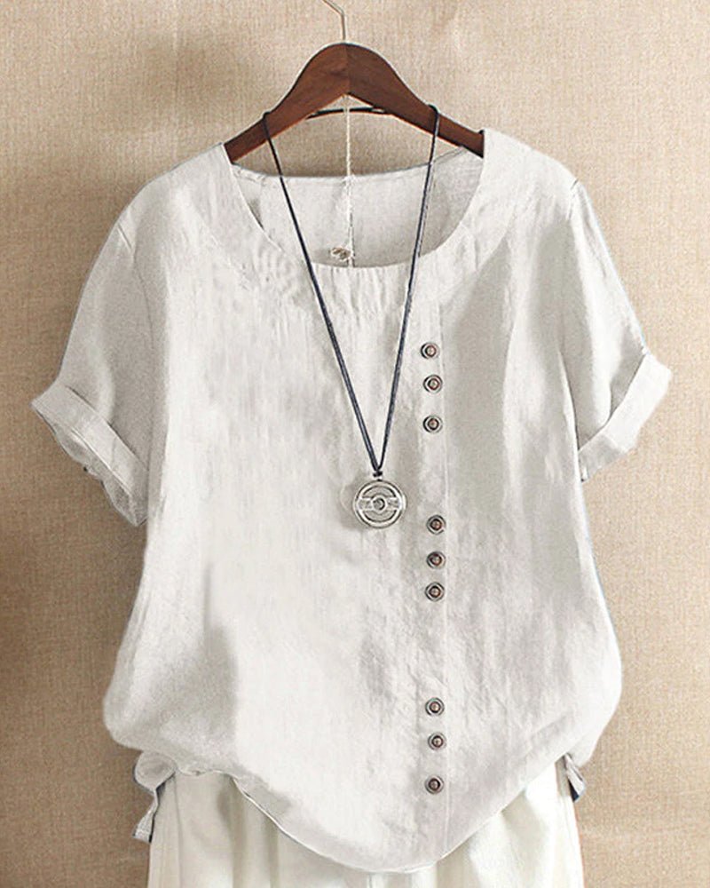 Button Front Round Neck Short Sleeve Blouse 2