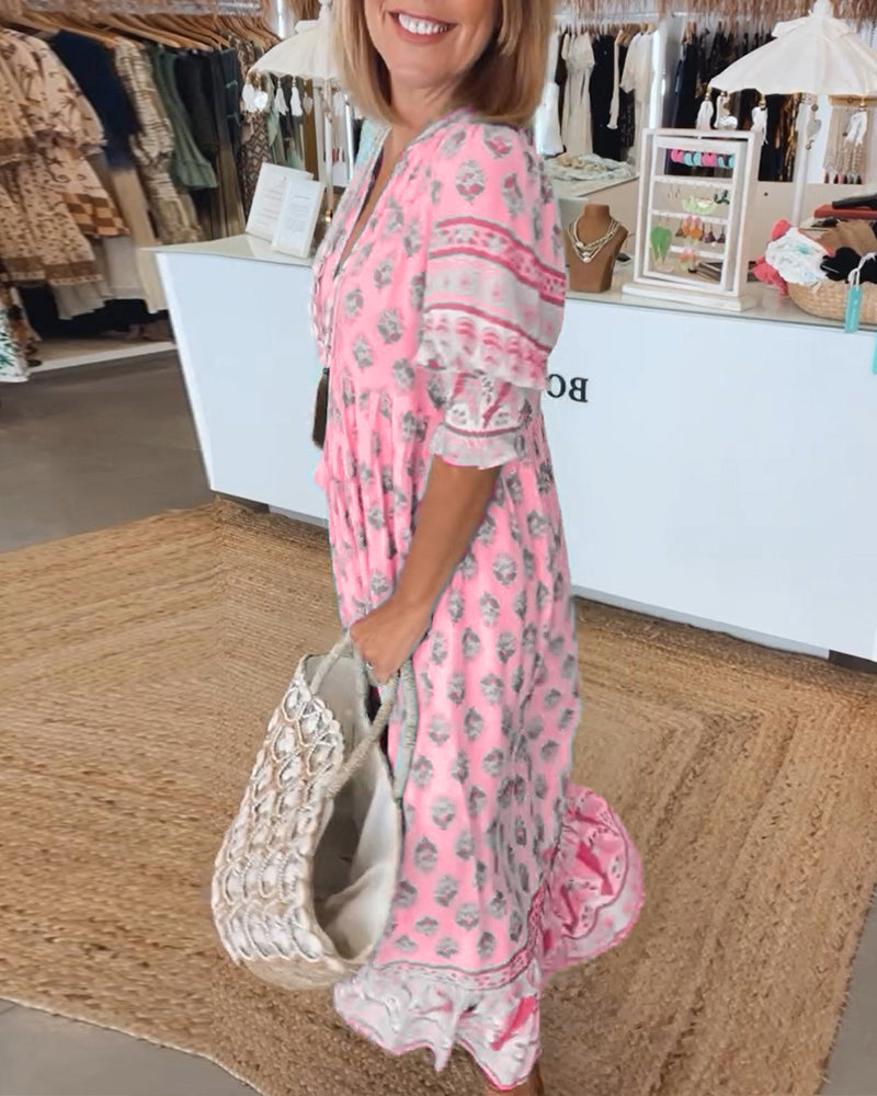 Printed V-Neck Ruffle Short Sleeve Tiered Maxi Dress 11