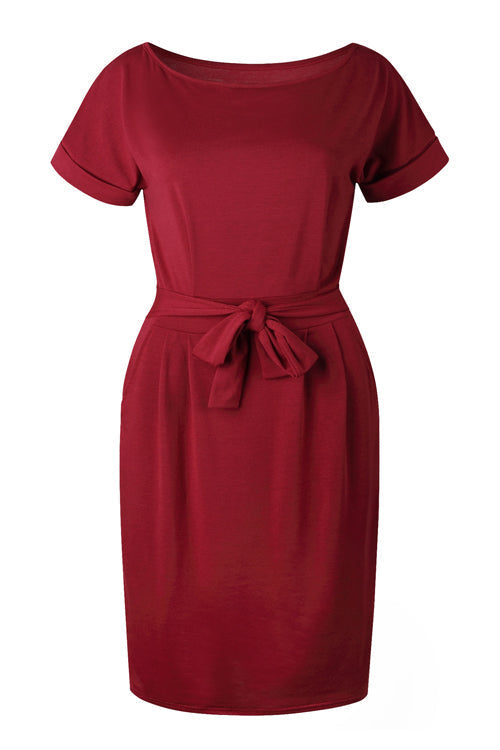 Boat Neck Short Sleeve Belted Tie Waist Patch Pocket Knit Midi Dress - View 16