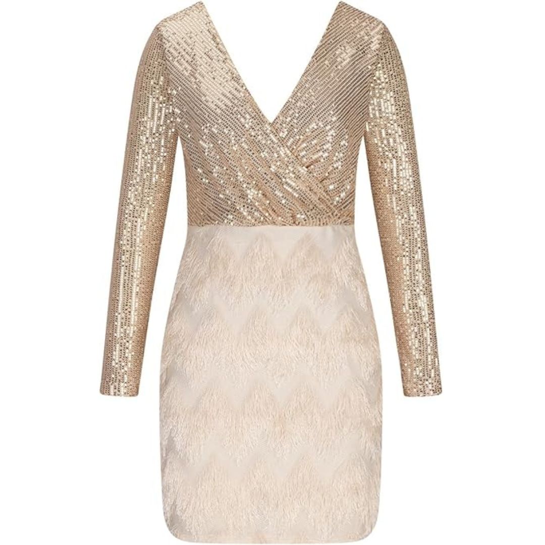 Sequin Wrap Deep V-Neck Long Sleeve Faux Cocktail Mini Dress - View 4