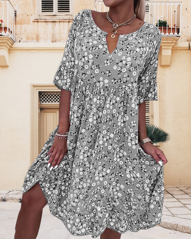 Floral Print V-Neck Ruffle Cuff Sleeve Empire Waist Mini Dress - View 2