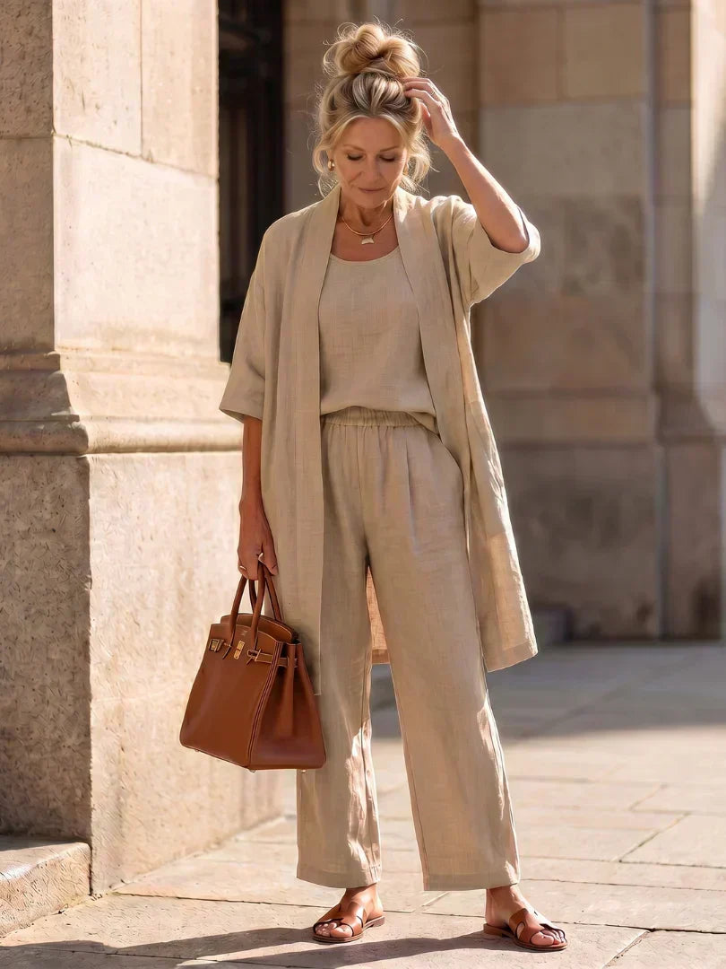 Sleeveless Tank Open Front Kimono and Wide Leg Pants Three Piece Set 9