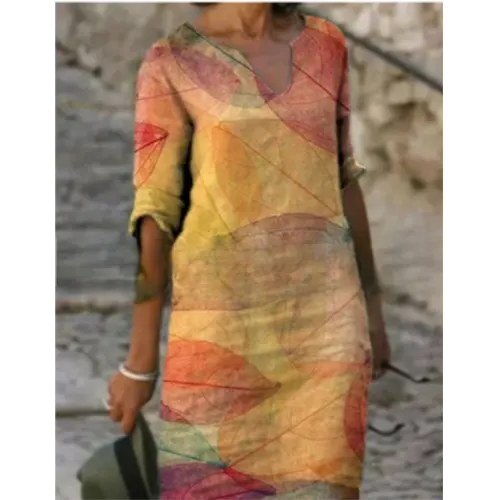 V-Neck Three Quarter Sleeve Relaxed Fit Knee Length Shift Dress - View 3