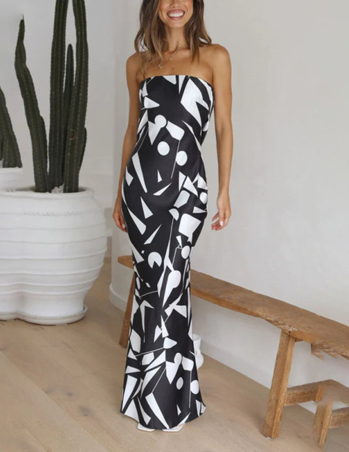 Satin Geometric Print Off Shoulder Maxi Dress - View 5