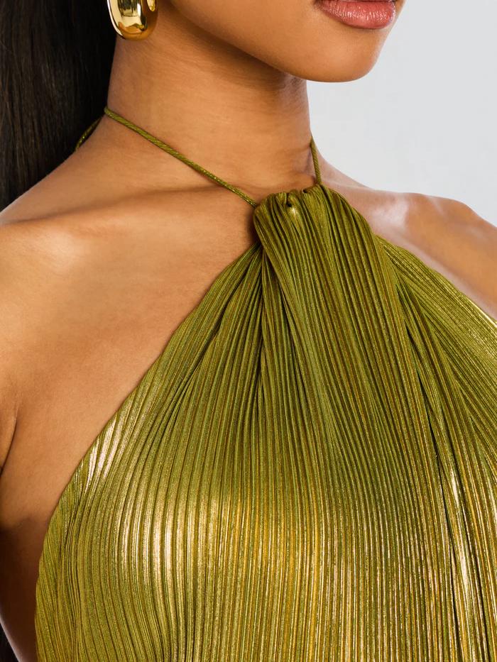 Metallic Halter Neck Wrap Ruched Waist Pleated High Split Maxi Gown - View 6
