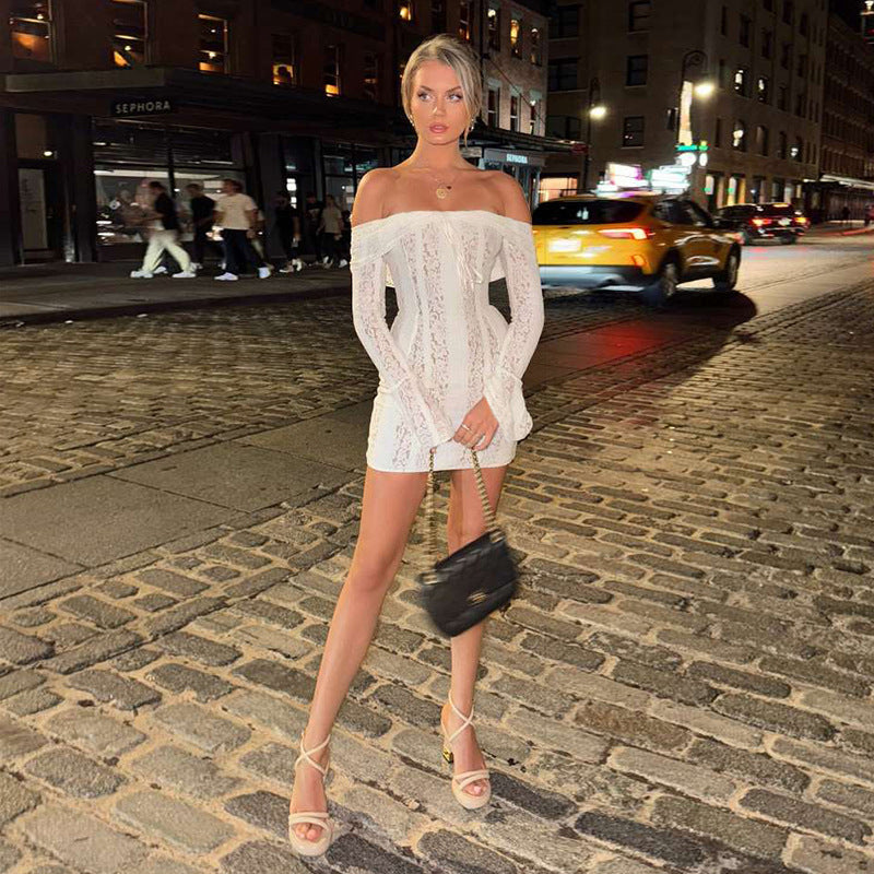 Off Shoulder Lace Bell Sleeve Ribbon Tie Bodycon Mini Dress - View 6