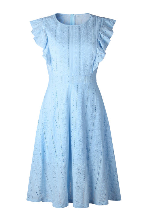 Eyelet Ruffle Sleeve Crew Neck Fit and Flare Midi Dress 9