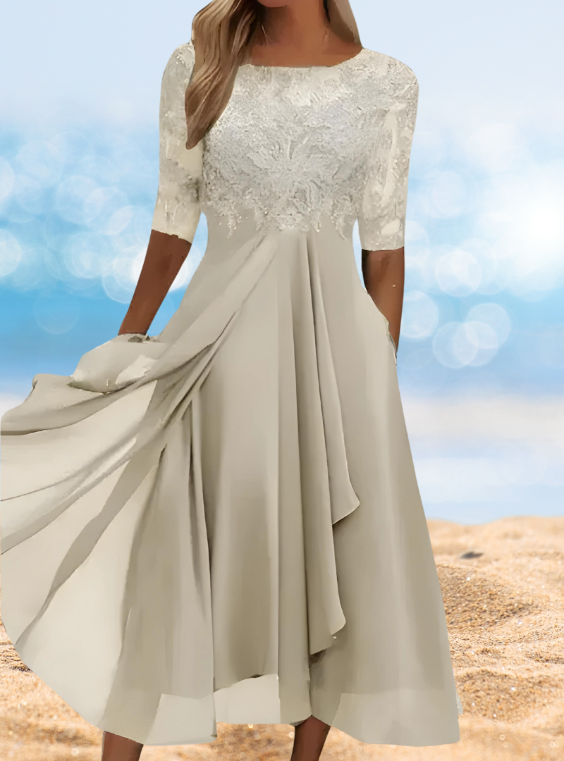 Floral Lace Illusion Scoop Neck Mesh Sleeve A-Line Midi Dress - View 4