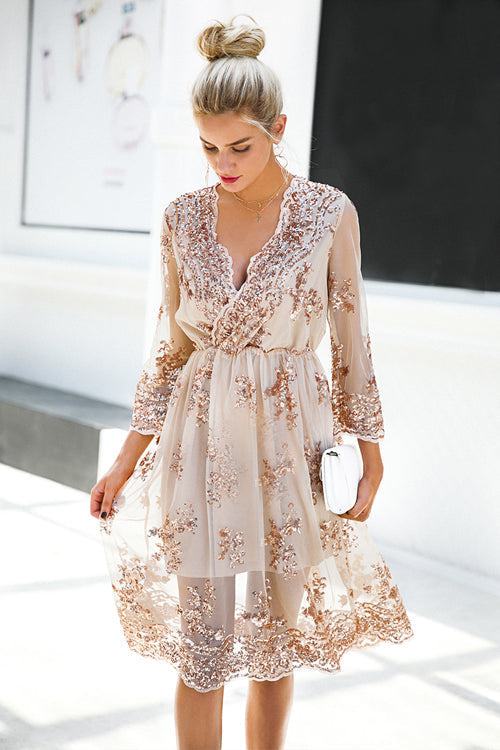 Sequin Floral Deep V-Neck Long Sleeve Wrap Mini Dress
