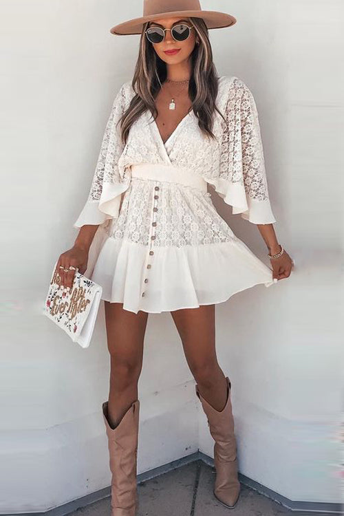 Floral Lace V-Neck Flutter Sleeve Button Front Tiered Mini Dress 2