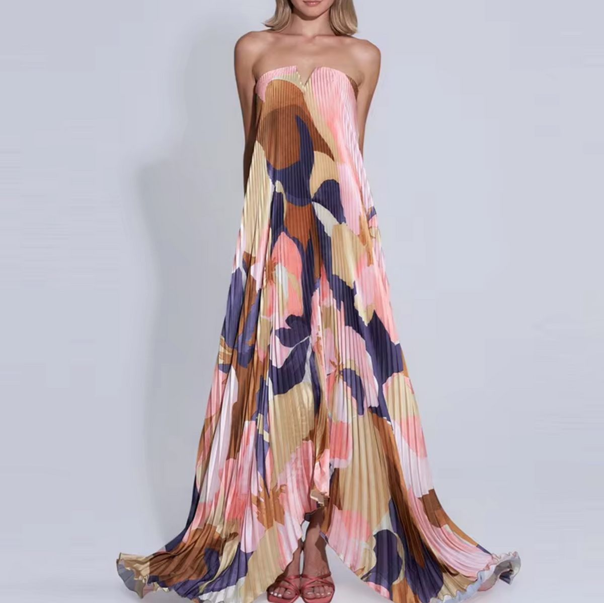 Strapless Floral Pleated A-Line Maxi Dress - View 6