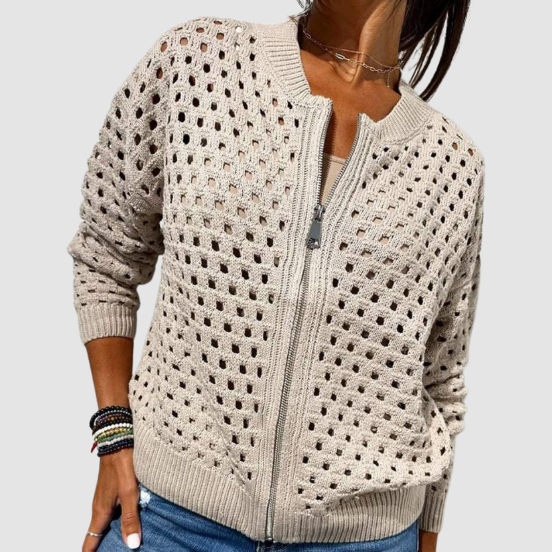 Crew Neck Open Knit Zip Front Cardigan