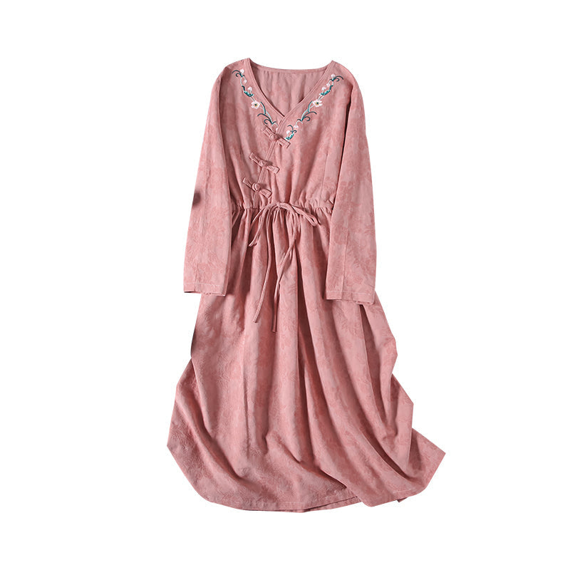 Jacquard Floral Embroidery Frog Button Wrap V-Neck Tie Waist Midi Dress - View 2