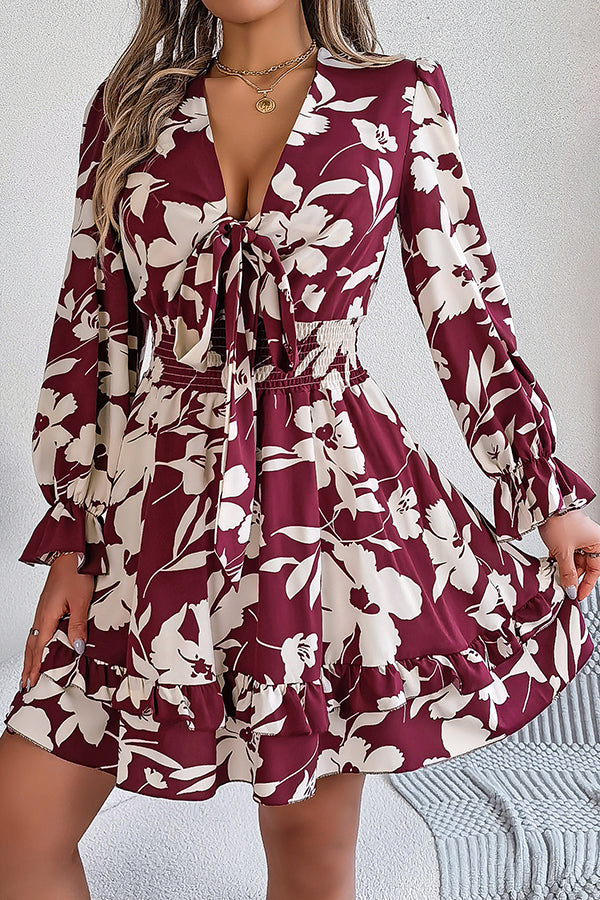 Floral Print V-Neck Tie Front Long Sleeve Ruffle Hem Mini Dress - View 16