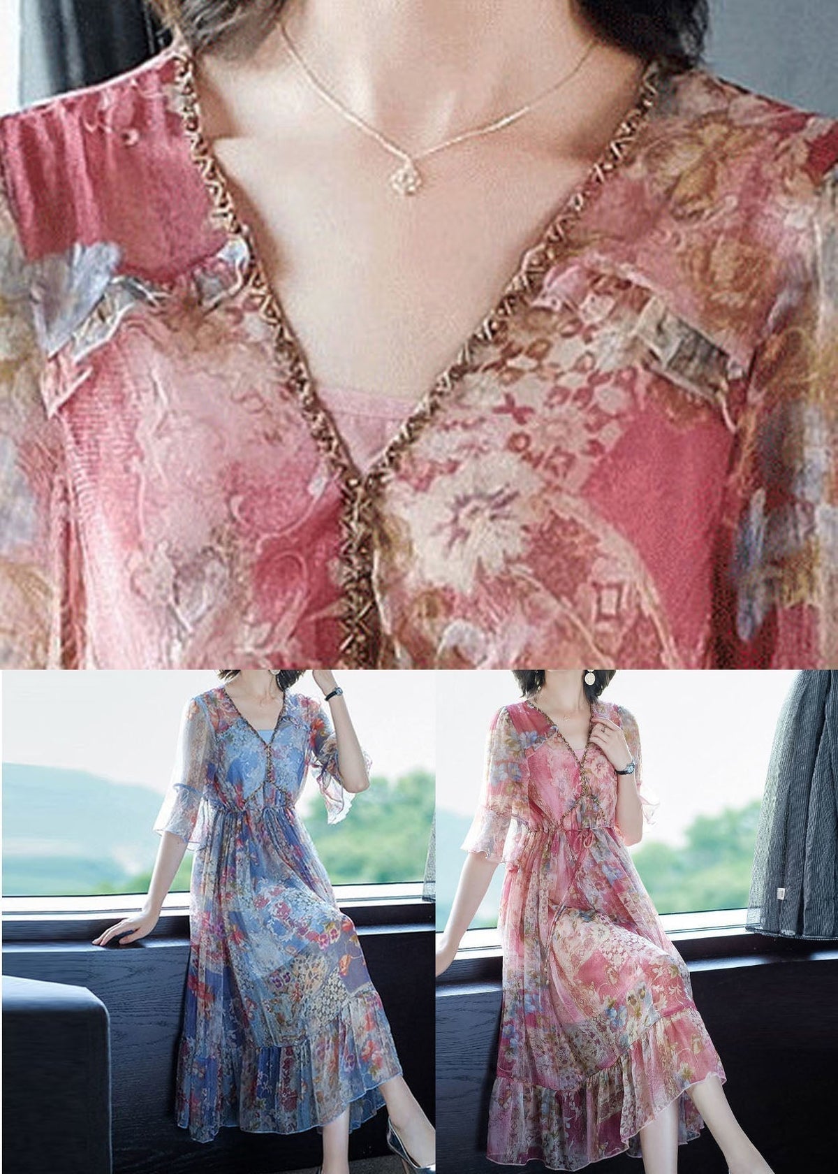 Floral Print Deep V-Neck Flutter Sleeve Drawstring Tiered Midi Dress - View 4