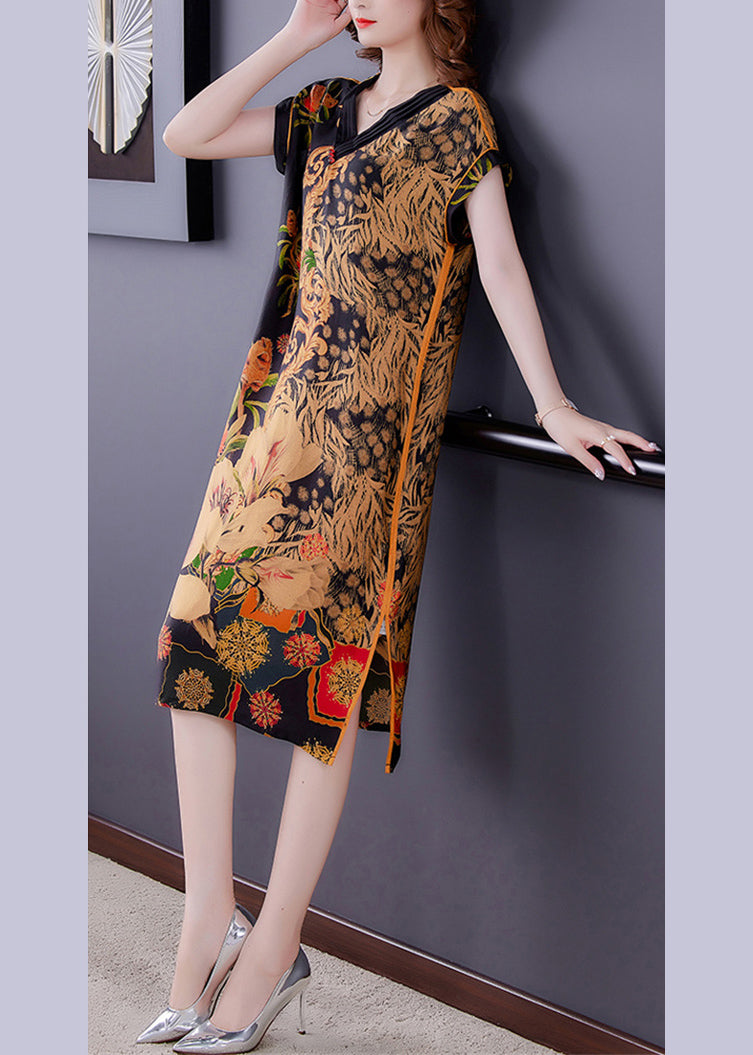 Ornamental Floral Print V-Neck Cap Sleeve Piped Shift Midi Dress - View 2