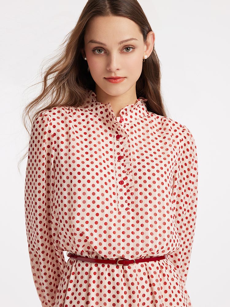 Gathered Waist Chiffon Polka Dot Midi Dress - View 4