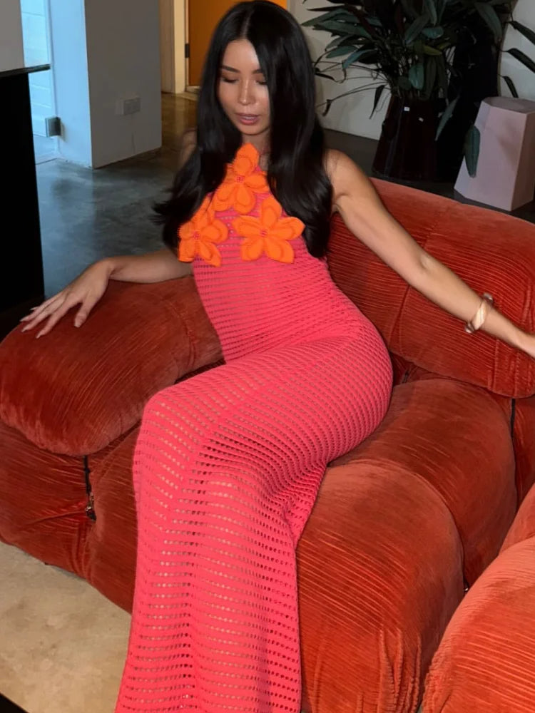 Crochet Halter Neck 3D Flower Backless Maxi Summer Dress - View 5