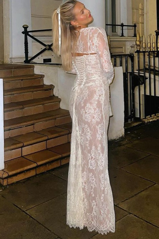 Floral Lace Ruched Long Sleeve Square Neck Mermaid Maxi Gown - View 5