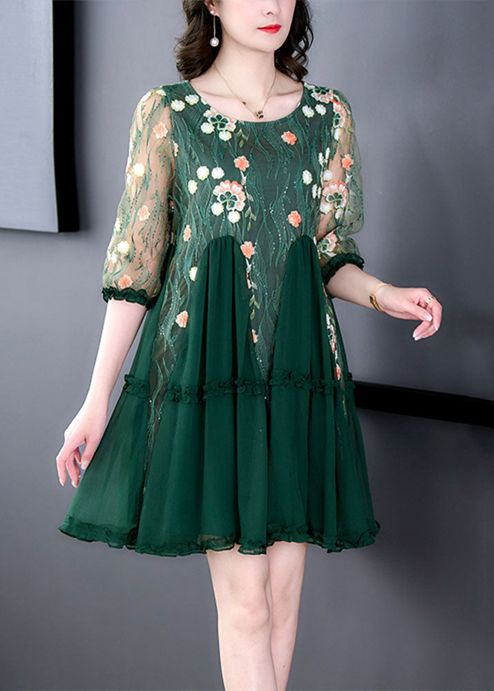 Floral Embroidered Mesh Round Neck Ruffle Cuff Tiered Mini Dress - View 2