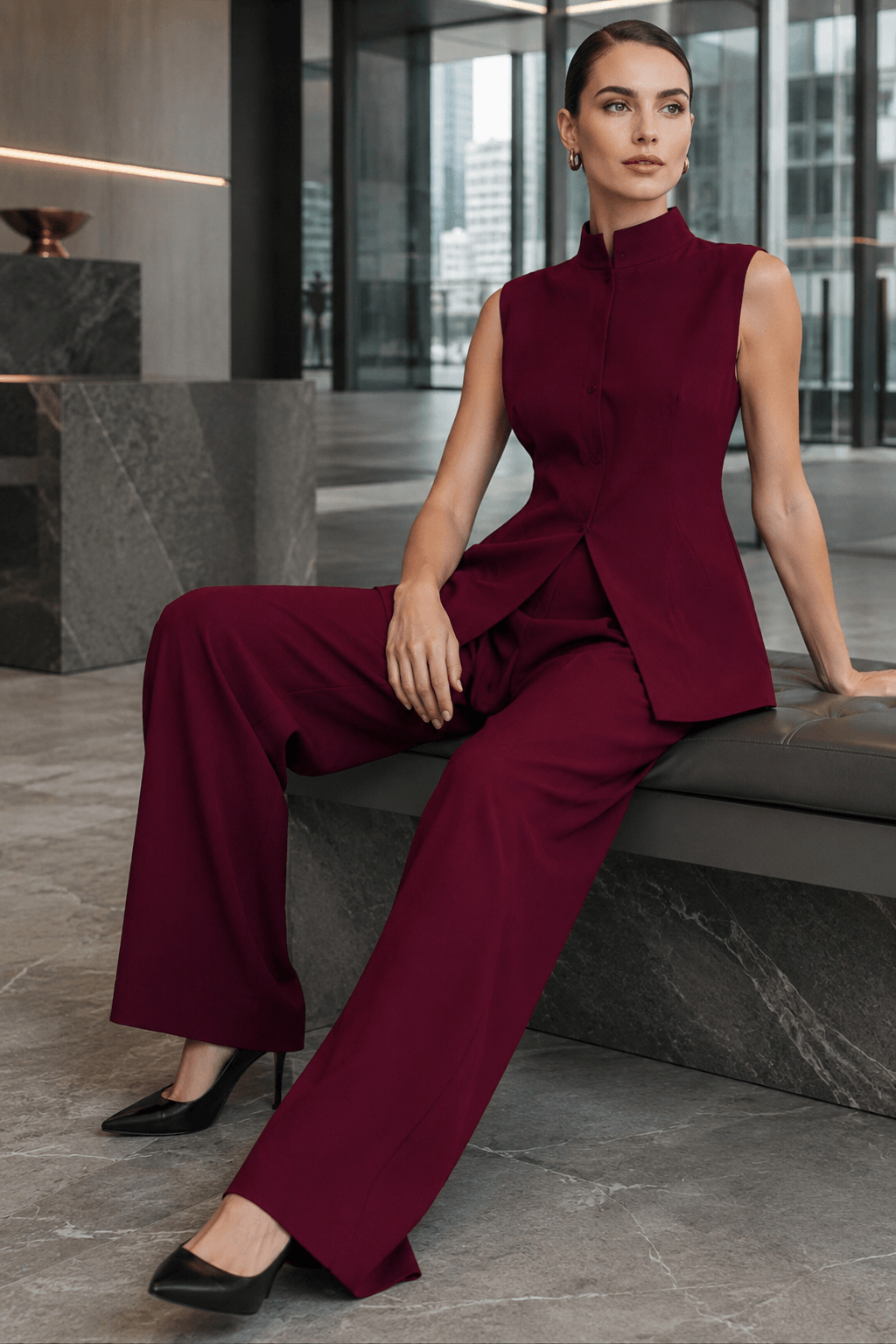 Drape Sleeveless Shirt Two Piece Work Set