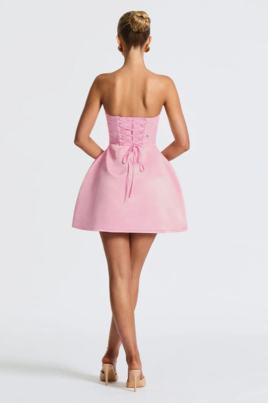 Strapless Satin Bow Back Fit and Flare Mini Party Dress - View 4