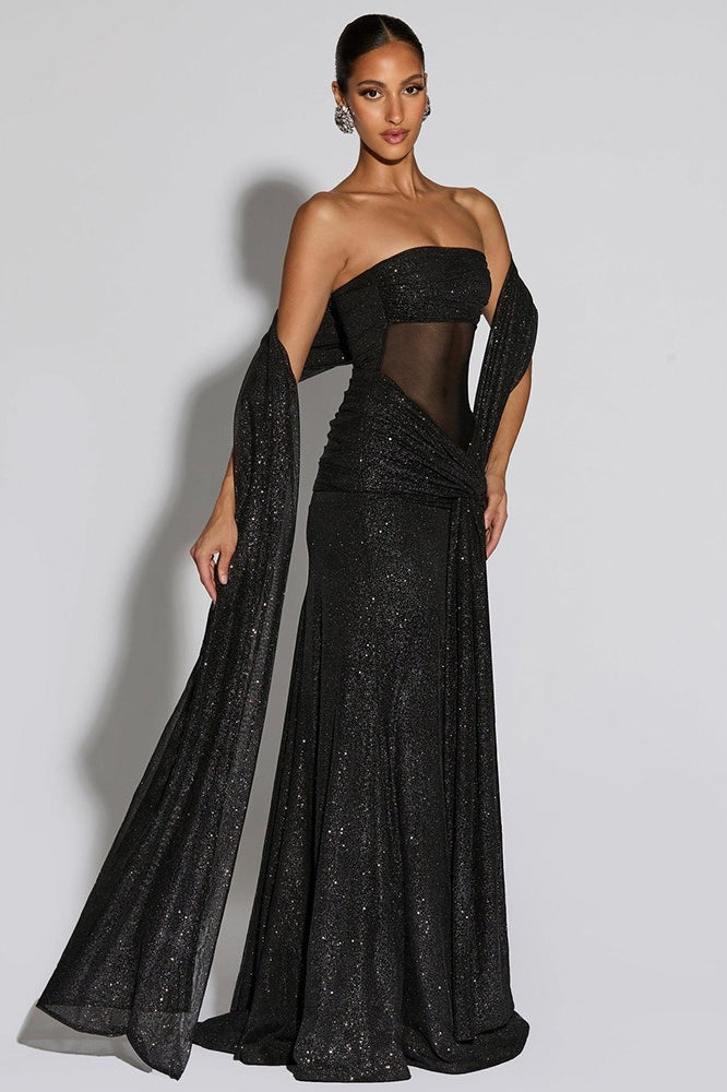 Metallic Strapless Cape Sleeve Ruched Twist Mermaid Maxi Dress - View 4